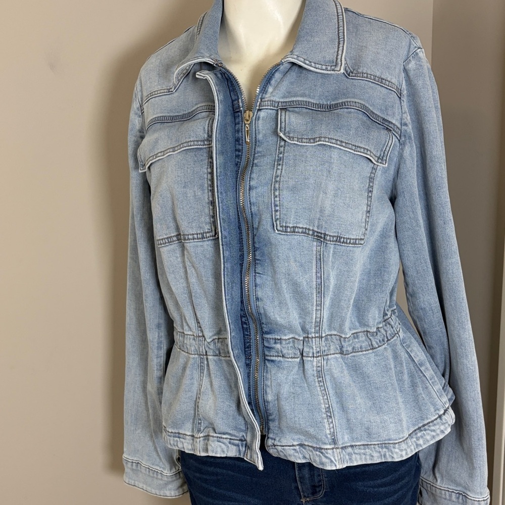 White House Black Market Cinched Waist Denim Jacket Peplum Front Zip Sz L - Picture 6 of 14